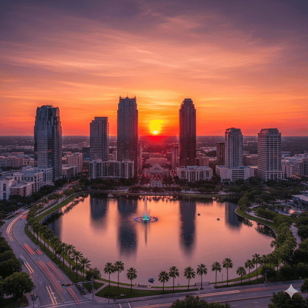 El centro de Orlando al atardecer, la comunidad de Florida Central a la que sirve HOV Law